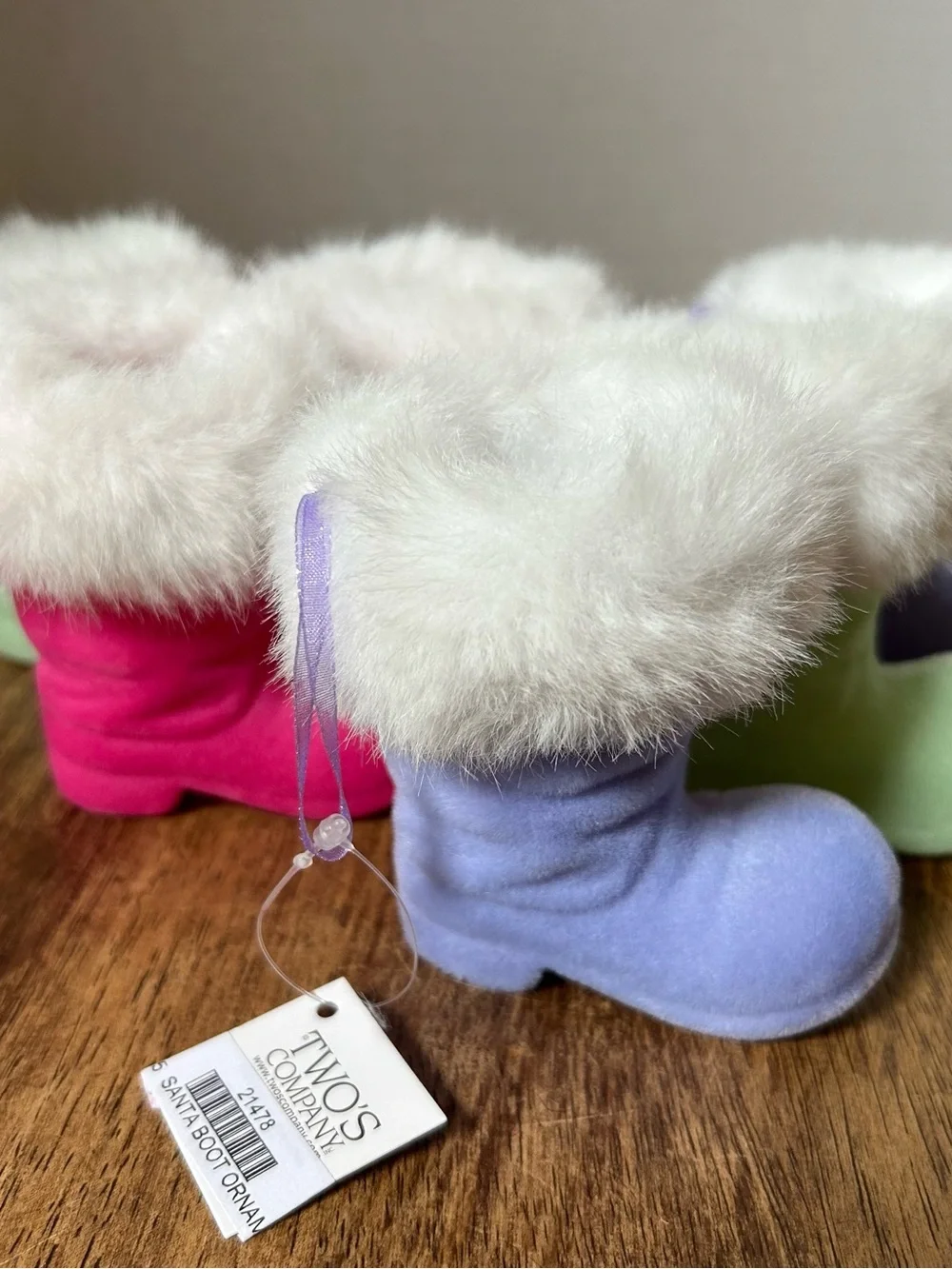 Two’s Company Fuzzy Santa Boot Ornaments Lot Of 6 NWT Multicolor Christmas
